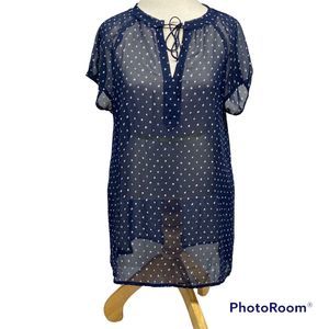 Liz Claiborne Blue White Polka Dot Sheer See Through Top Size L Tassel Tie Front